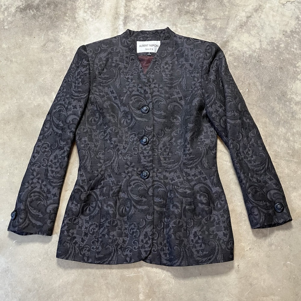 Albert Nipon Blazer Womens Size 6 Gray Black Floral Wool Blend Single Breasted